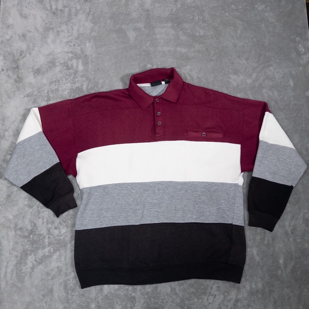 Vintage Winner Rugby Shirt Pullover Men Large Striped Red Long Sleeve Sweatshirt